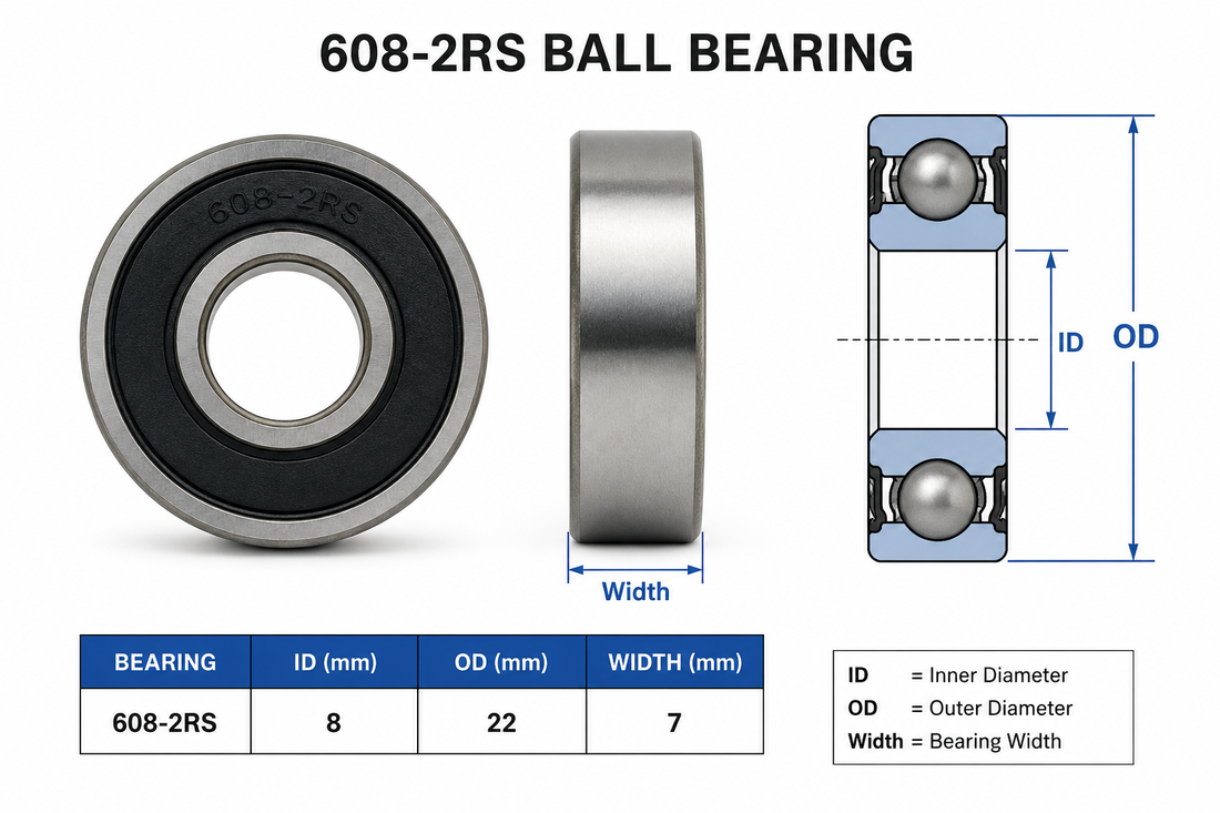 608-2RS ball bearing with dimensions and technical details on a white background