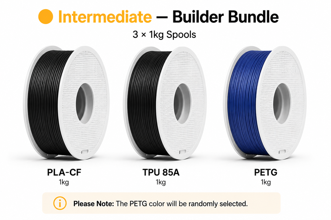 Three spools of 1kg PLA filament labeled PLA-CF, TPU 85A, and PETG under the heading &